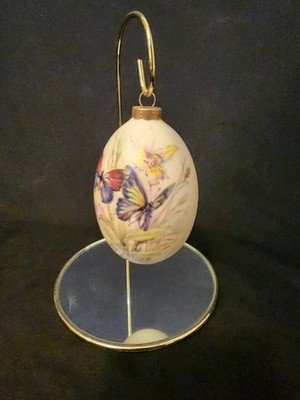 Vintage Large Glass Egg Ornament Butterflies and Iris Flowers on Mirror Base B41