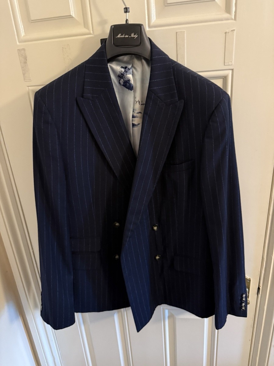 Moss Bros Double Breasted Navy Pinstripe Suit Jacket Size 44