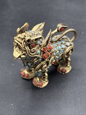 Vintage Gild Filgree Fu Foo Dog Lion W/ Coral & Turquoise Inlay 2.25?