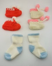 Vintage Baby Booties Socks Stockings Coral Pink Blue Crocheted Acrylic