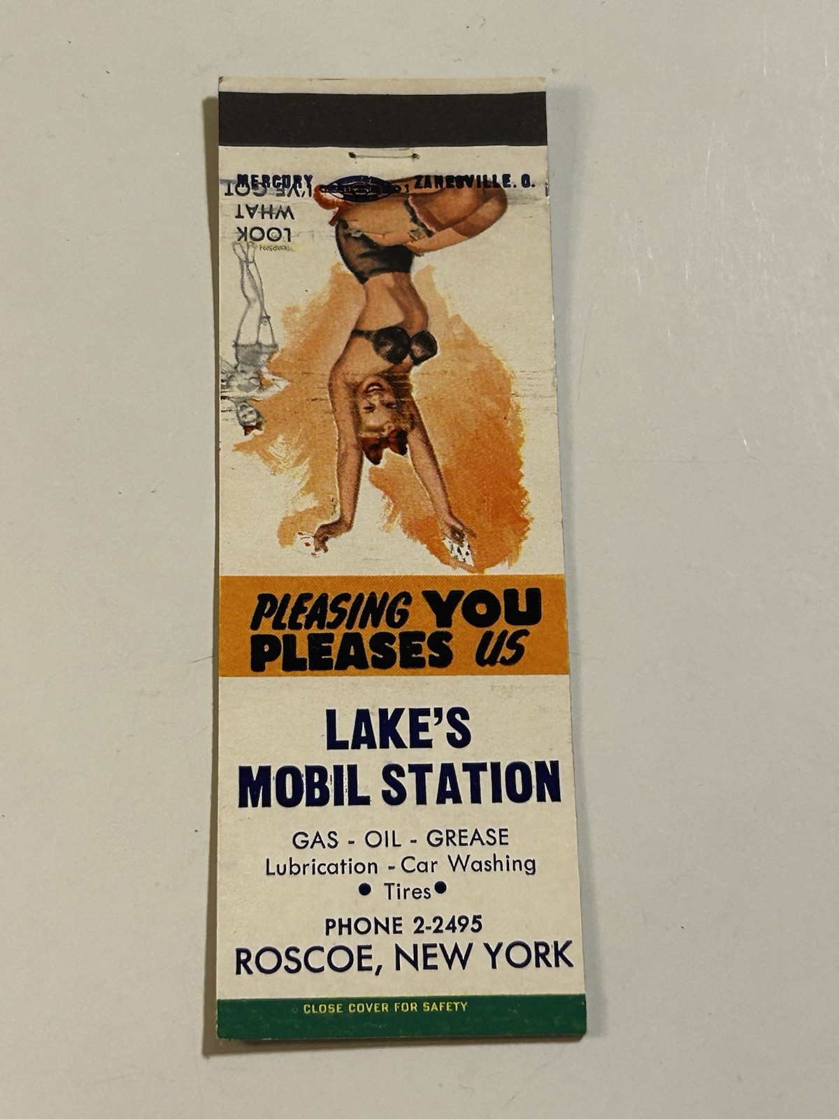 Roscoe NY New York Lakes Mobil Gas Station Girlie Pinup Matchbook