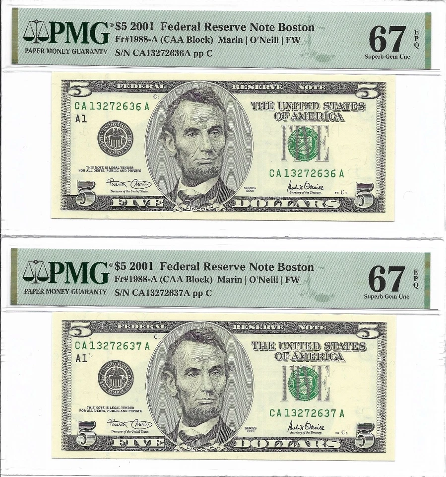 2001 $5 BOSTON FRNs. 3 Consecutive PMG SUPERB GEM Uncirculated 67 EPQ Banknotes. - Image 2 of 4
