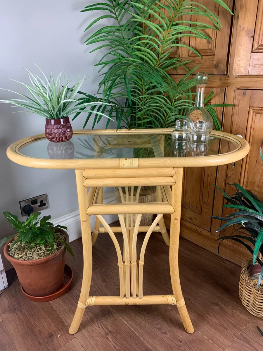 VINTAGE MID CENTURY OVAL BAMBOO BISTRO DINING TABLE GLASS TOP BOHO