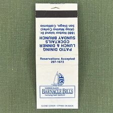 Vintage Matchbook Harbor Island Barnacle Bills San Diego CA Matches Unstruck