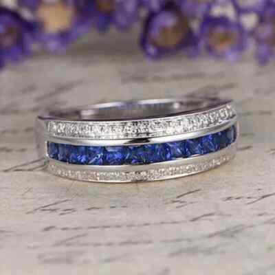 2.00CT Princess Cut Lab Created Sapphire Wedding Band Ring 14K White Gold Plated