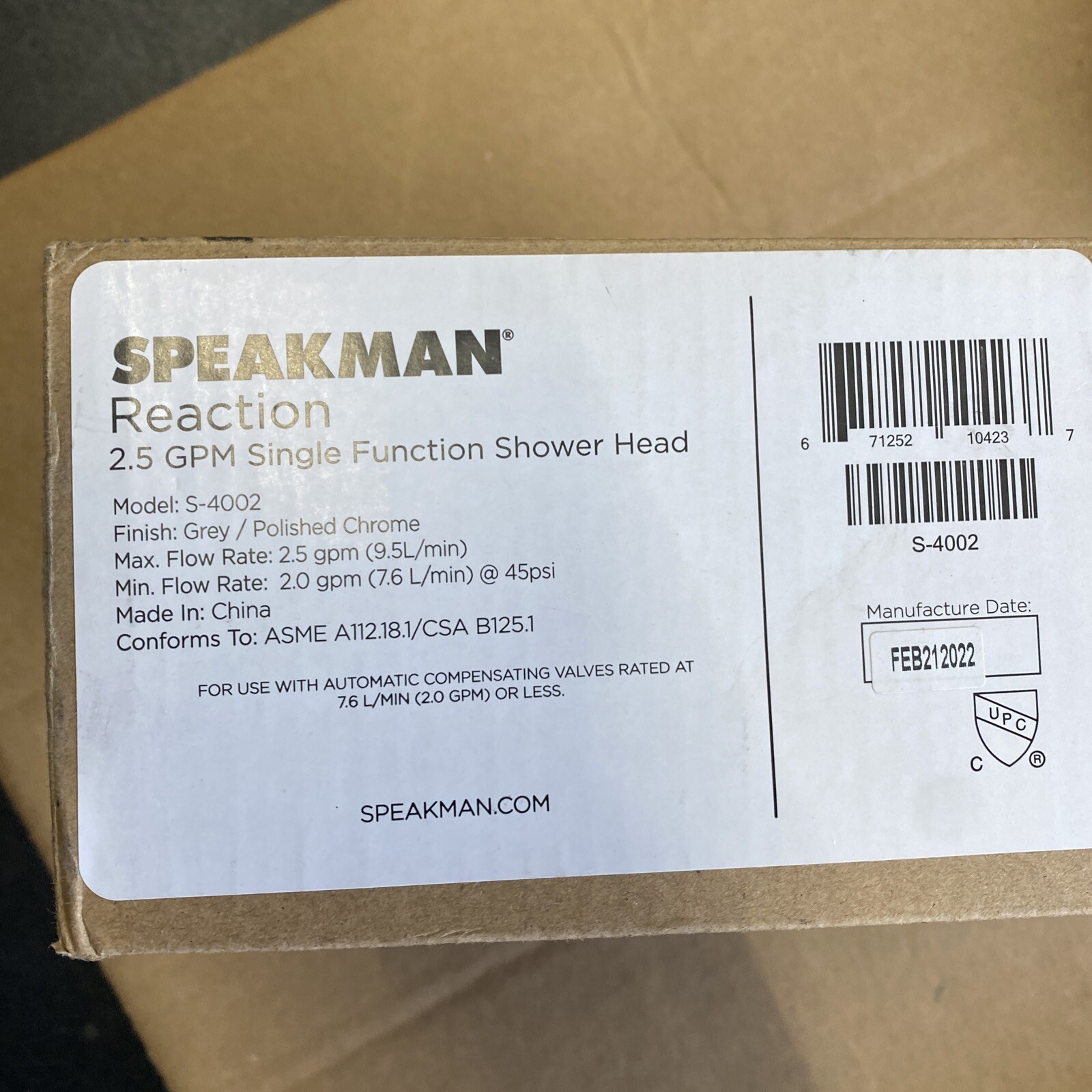 Speakman S-4002 Reaction 2.5 GPM Single Function Shower Head