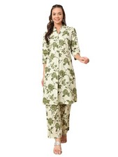 Women's Pista Green Cotton Straight Kurta with Pant Co-ord Set