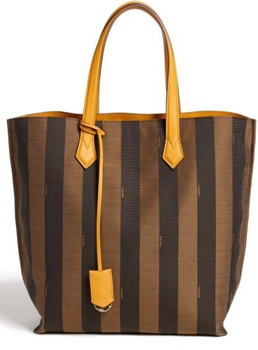 FENDI All In Pequin Striped Shopper Tote Bag Tobacco Yellow Jacquard Logo NWT - Picture 1 of 4