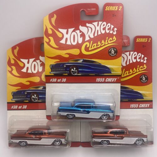 3 Hot Wheels Classics 1955 Chevy. Spectra Flame Blue & Burnt Orange