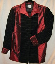Ladies Upscale Holiday Party Jacket, Red Silk & Black Chenille