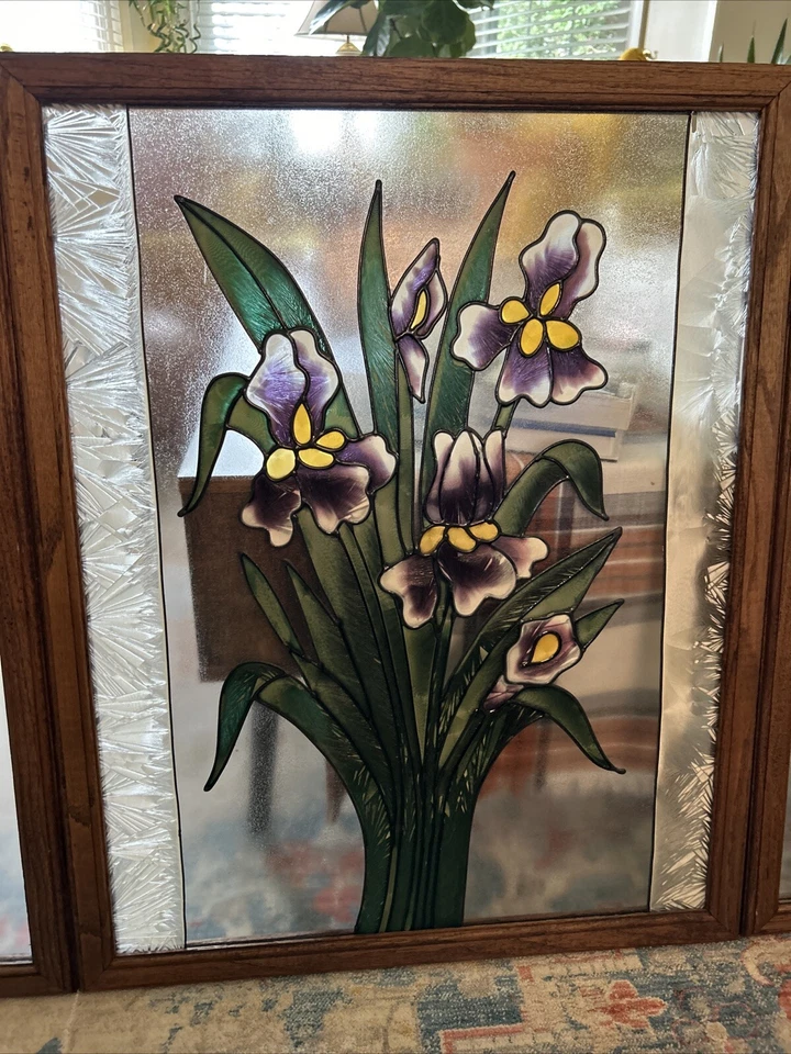 Pantalla de chimenea vintage de 3 paneles estilo Tiffany vitral-48" X 29 3/4"-rara Foto 3 de 4