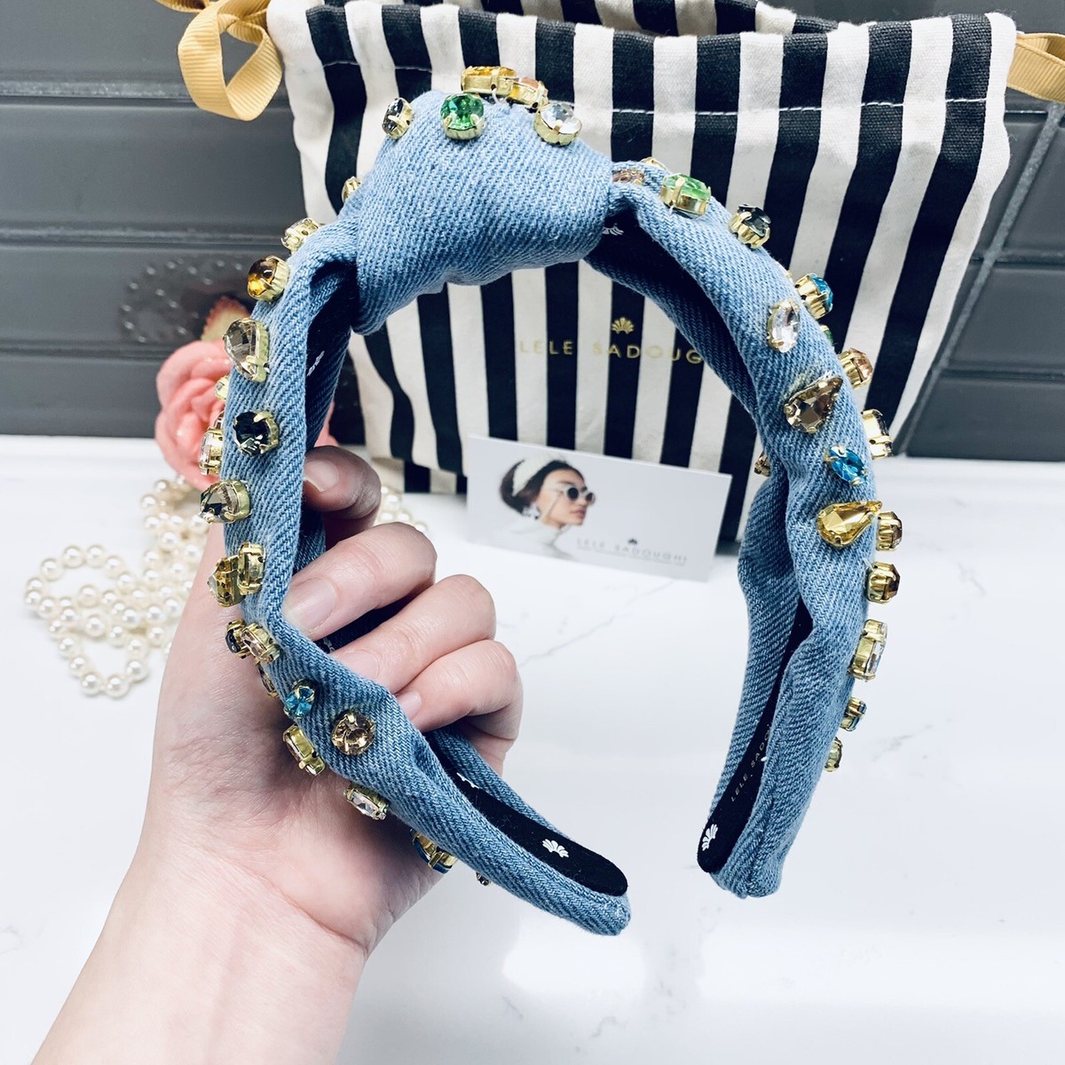 Lele Sadoughi Denim Headband with Pearls Soft denim, shimmering pearls, & a touch of gold. Meet the  main image 4