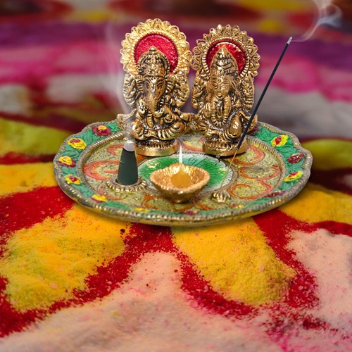 NEW! Pooja Thali Set Combo with 10 Diya Small 5.5" Multi Color Puja Essentials - Picture 11 of 12