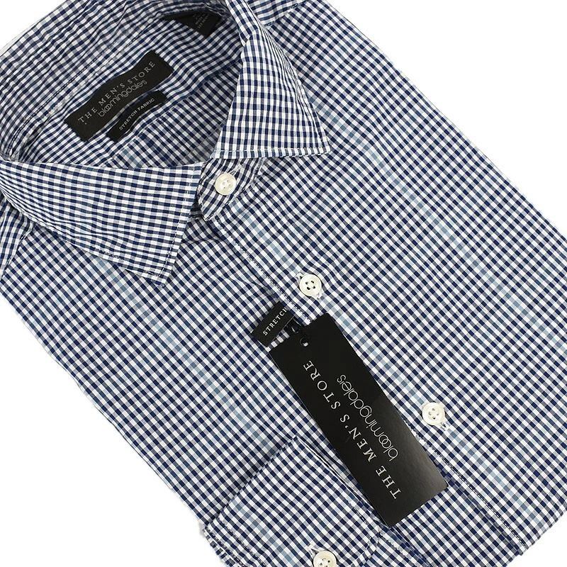 THE MENS STORE Navy White Check Cotton Stretch Long Sleeve Shirt MEDIUM NWT