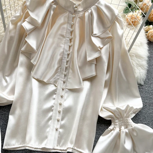 Women Ruffle Blouse Top Faux Silk Satin Puff Sleeve Retro Shirt Elegant New - Bild 13 von 21