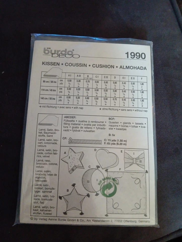 Burda # 1990 - Six Styles Sofa & Bed Decorative Pillows & Cushions- NEW UC FF  - Image 2 of 2