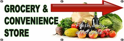 OUTDOOR Lebensmittel & Convenience Store PVC BANNER SCHILD WERBUNG KOSTENLOSE KUNSTARBEIT RECHTS