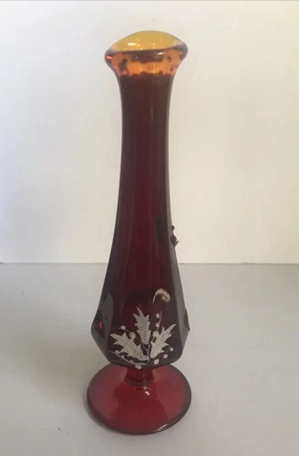 Ruby Red Bud Vase Fenton Hand Painted  Artist Signed & Stamped 70s 8"