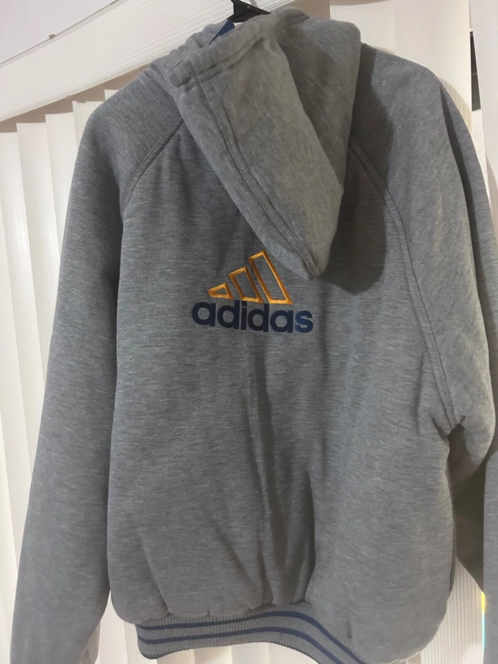 Chaqueta de nailon vintage Adidas reversible para hombre grande cremallera completa 3 rayas azul amarillo Foto 3 de 4