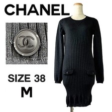 CHANEL Rib Knit Dress Long Sleeve P39367 Wool Silk Charcoal Gray Size 38