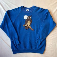 VTG 80s Owl & Moon Appliques Raglan Sweatshirt Blue Made in USA Size Large