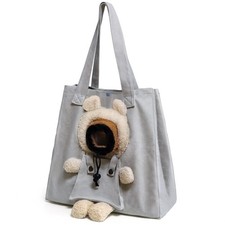 Pet Canvas Shoulder Carrying Bag, Cute Grey Bear Shaped Cat Carrier, M Size P...