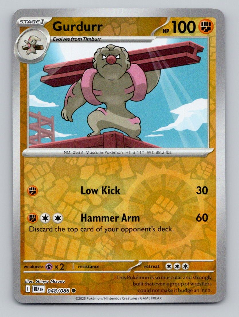 Gurdurr 048/086 Common Black Bolt Pokemon Reverse Holo Near Mint