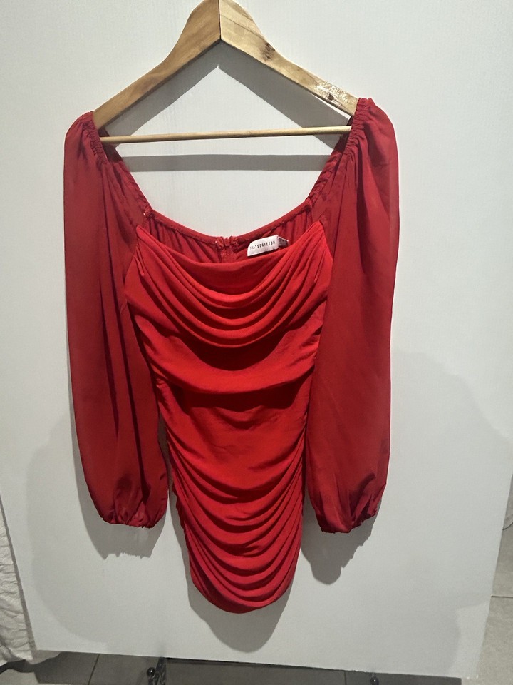 Thatssofetch Octavia Dress Size 12 Aus Bodycon Red Balloon Sleeves Ruched Mini