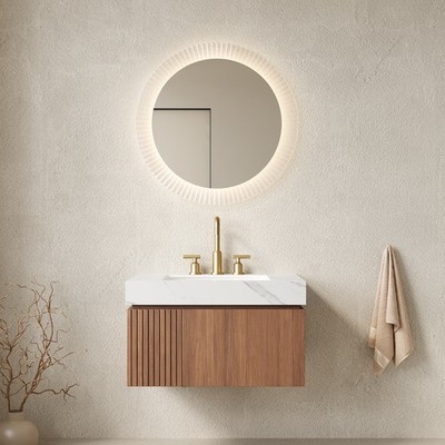 30'' Bathroom Vanity Sink Floating Plywood Cabinet Brown Oak White Stone