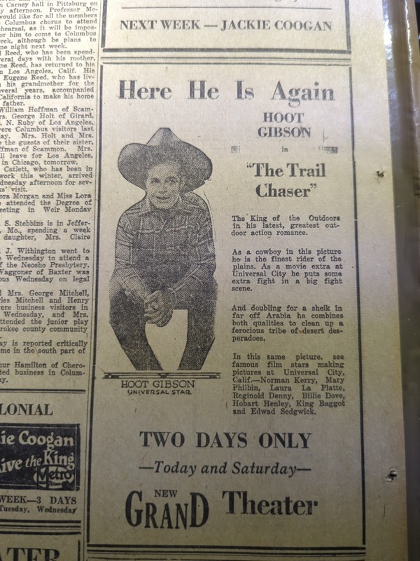 APR 11, 1924 NEWSPAPER #1739- HOOT GIBSON IN "THE TRAIL CHASER" MOVIE AD