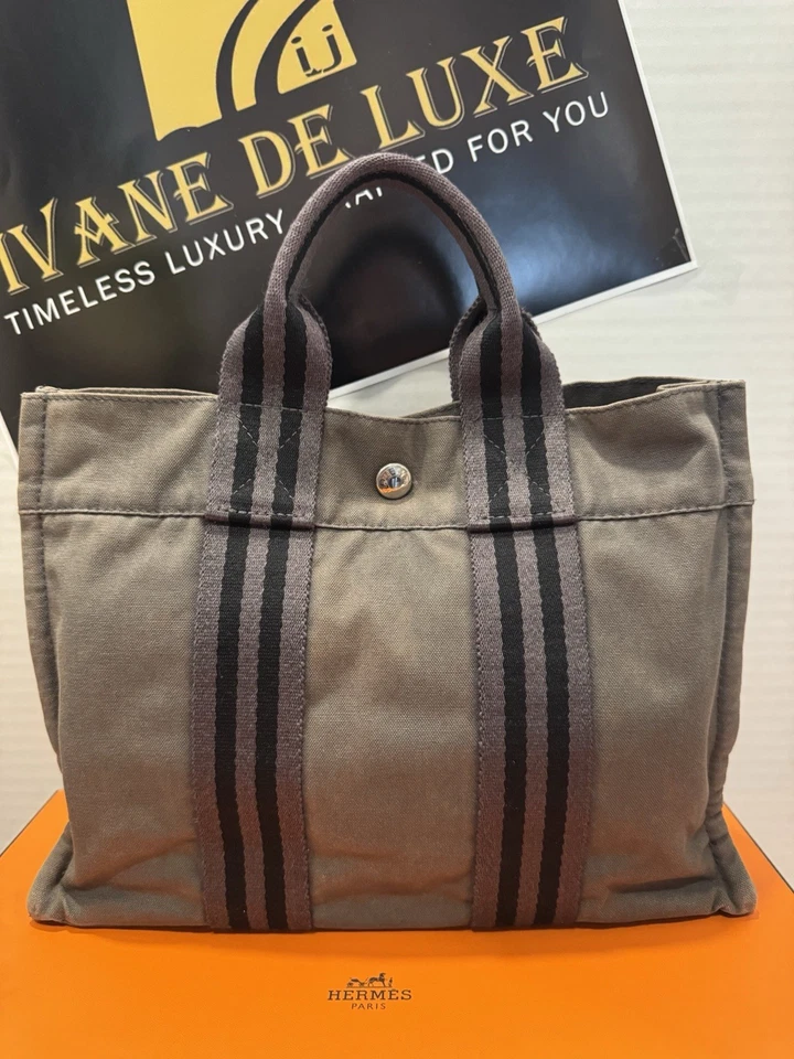 Bolso de Mano HERMÈS Foul MM Negro Gris Lona con Caja Auténtico Bolso de Mano de Lujo Foto 2 de 4