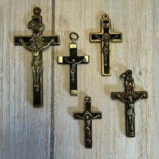 Lotto 5 Crocifisso Antico Ottone Bronzo Vintage Devozione Francia 7,5 cm