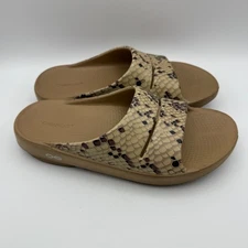 OOFOS Ooahh Luxe Slide Sandal Comfort Recovery Snake Print Brown Beige M7 W9