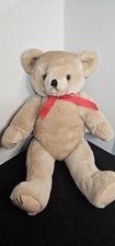 Vintage Jointed Plush Teddy Bear Tan With Red Bow Posable Stuffed Animal 18in