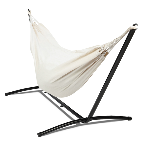 Hamac Avec Support Métal - Toile Rayée Noire Blanche Chocolat - Confort Et Détente Au Jardin