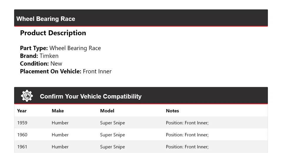 Cojinete de rueda interior delantero de carrera para Humber Super Snipe 1959-1961 Timken 1960 Foto 2 de 4