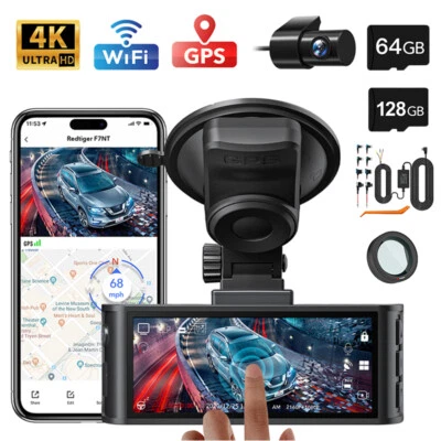 REDTIGER 4K DASHCAM DELANTERO Y TRASERO, PANTALLA TÁCTIL 3,18 PULGADAS, tarjeta de 64 GB incluida