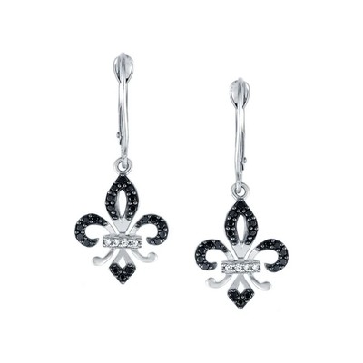 1/10 kt weißer & schwarzer Diamant Fleur-de-Lis Ohrhänger Ohrhänger 925 Silber