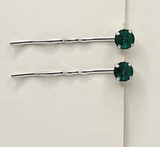Handmade 2pc Hair/ Bobby Pins w/ Swarovski Crystal Emerald Chaton Stones