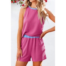 Contrast Trim Round Neck Top and Shorts Set