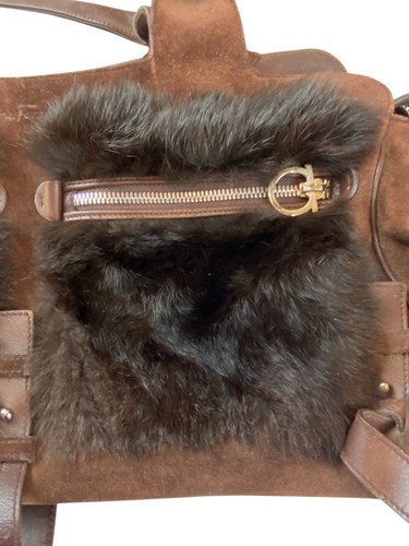 Salvatore Ferragamo Rabbit Fur Suede Leather Shoulder Bag Brown Limited Edition - Picture 2 of 8
