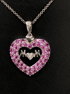 HERZ ANHÄNGER MIT DIAMANT UND ROSA SAPHIR STERLINGSILBER 925, FÜR DEINE MAMA