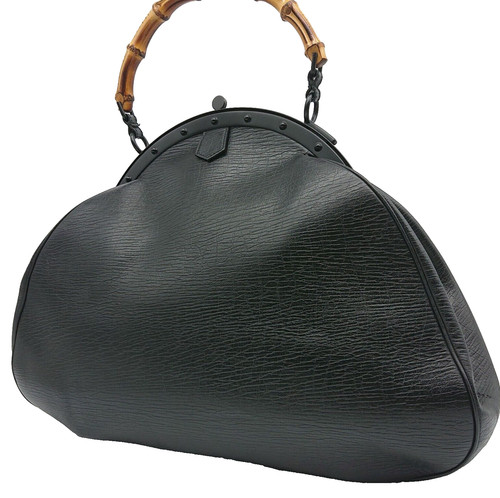 Authentic GUCCI Bamboo Kiss Lock Handbag Black Leather Vintage 112176 Italy
