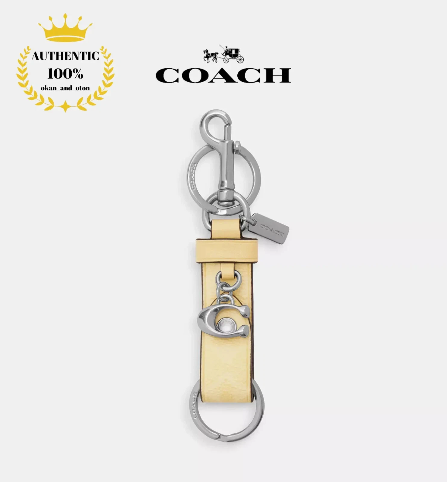❤️ COACH Trigger Snap Bag Charm Firma Tela CAU86 Argento Fieno Clip Guinzaglio per Cani
