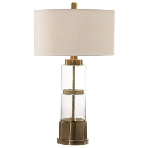 Uttermost Vaiga Steel Glass and Fabric Table Lamp in Antique Brass and White - Picture 1 of 5