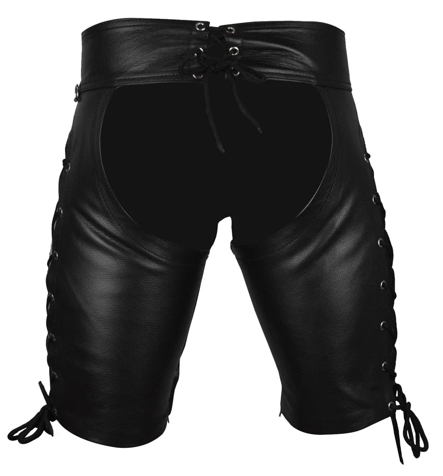 Pantalones cortos/chaps/pantalones cortos con cordones de cuero real para hombre Foto 3 de 3