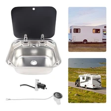 RV Caravan Camper Sink Stainless Steel Hand Wash Basin & Glass Lid & Faucet