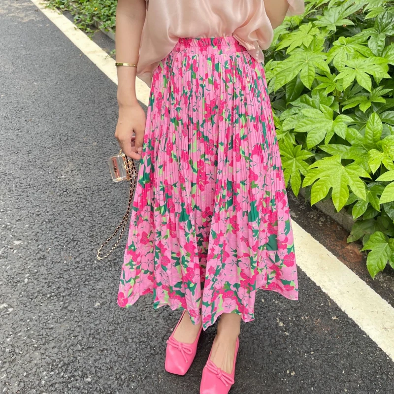 Female Skirt Summer Floral Half Skirt Oil Painting Powder Pleated