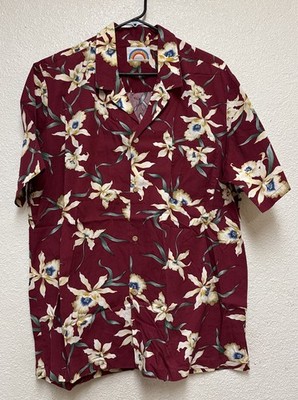 VTG Paradise Found Men s Burgundy Hawaiian Orchid Floral Button Up Shirt Sz L