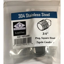 Smith-Cooper 4638102240 304 Stainless Steel Square Head Plug 3/4 Dia. in. MPT